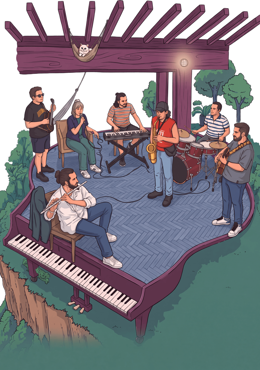 Ilustración de Madera Jazz tocando sobre un piano de cola en el parque, al estilo de Jazz al Parque 2026