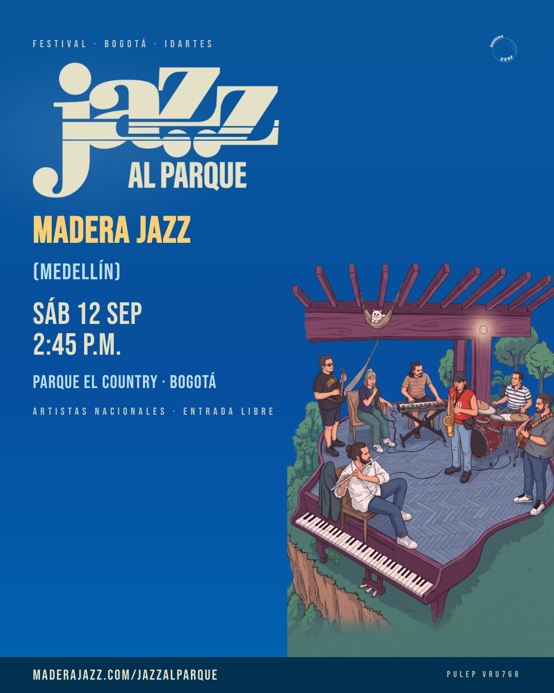 Post de Instagram: Madera Jazz en Jazz al Parque 2026, sábado 12 de septiembre, 2:45 p.m., Parque El Country